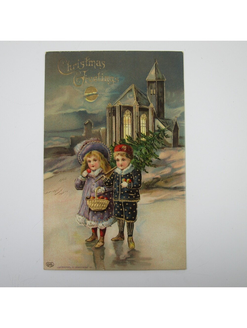 Christmas Postcard Victorian Boy Girl Tree Church EAS Gel Gold Embossed Antique